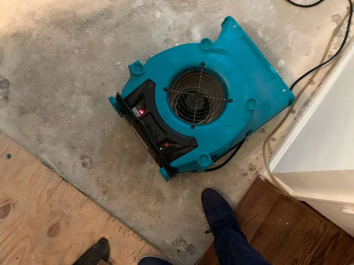 Air mover drying subfloor during Leak Detection & Repair in Glastonbury